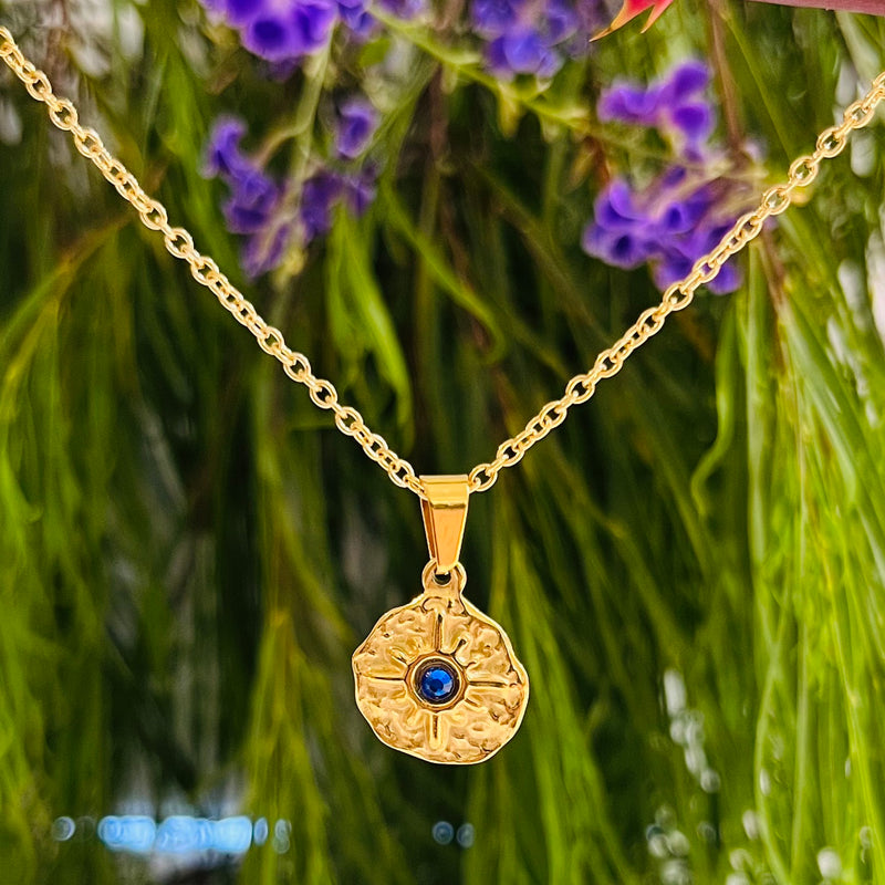 Gold Stainless Steel Sun & Blue Crystal Necklace