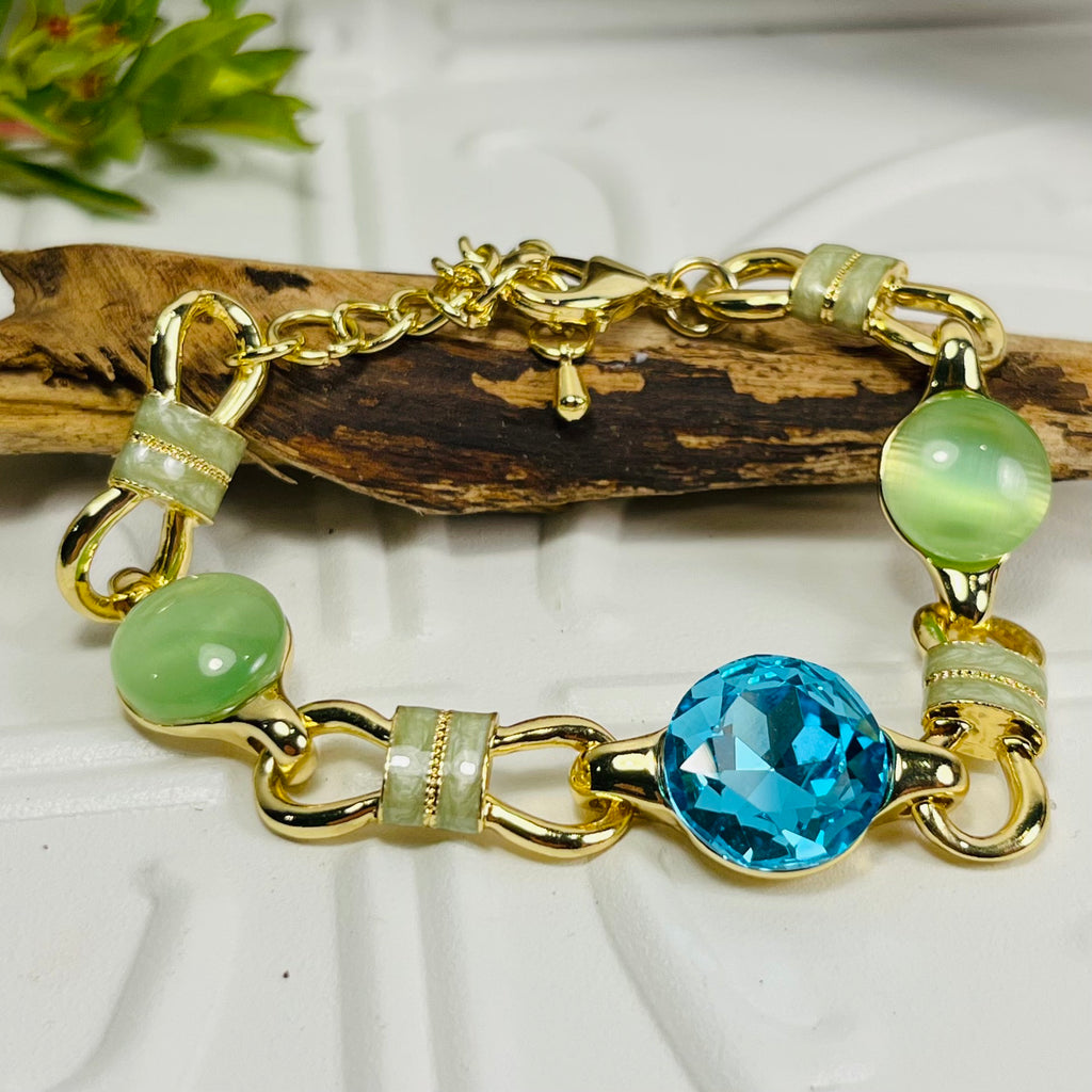 Gold Aqua Crystal & Green Bracelet