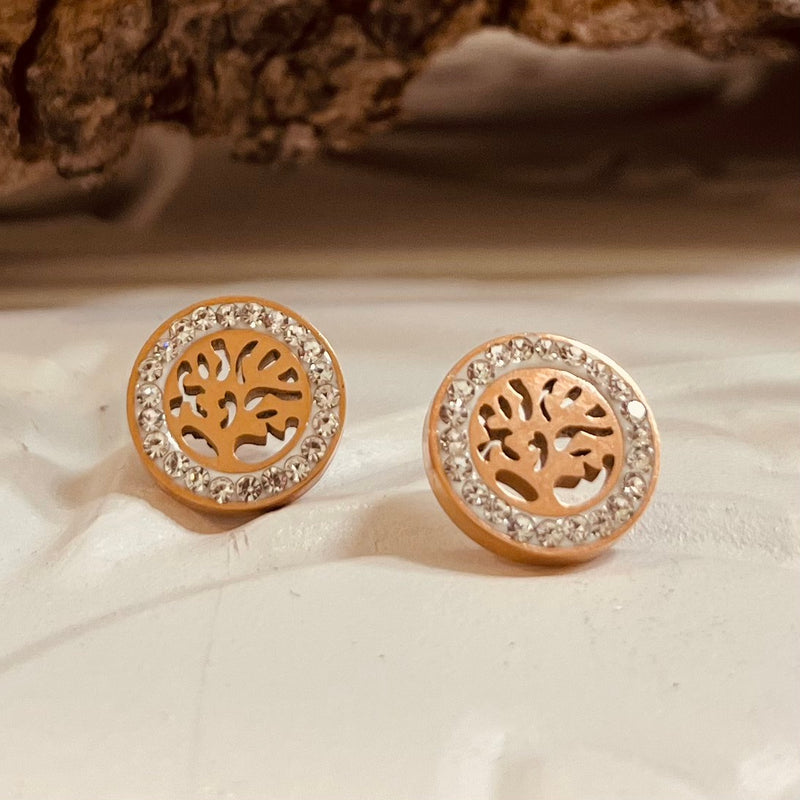 Cubic Zirconia Rose Gold Plated Stainless Steel Tree of Life Stud Earrings