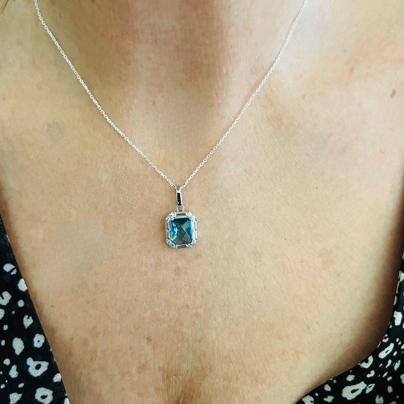 Sterling Silver & Aqua Crystal Necklace .