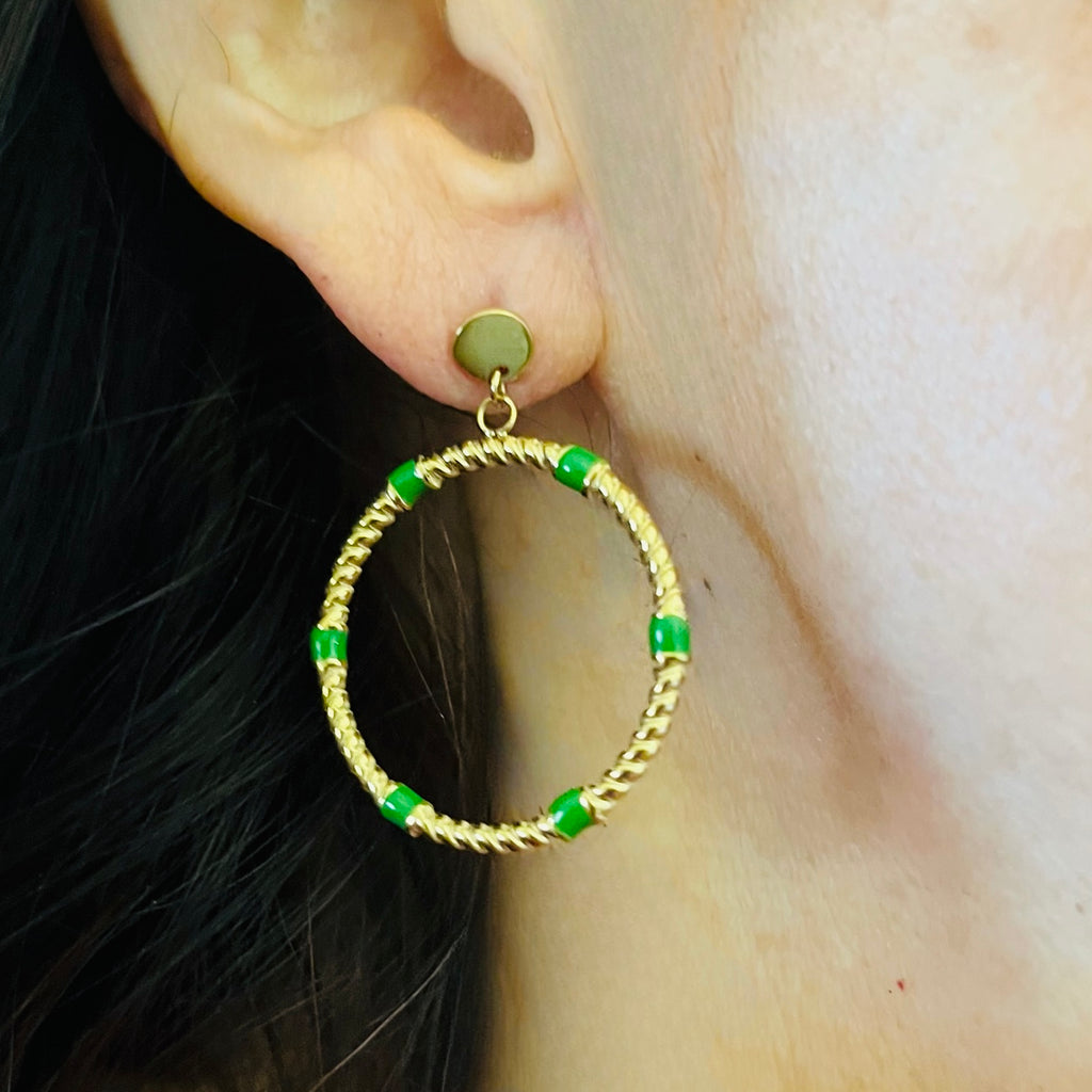 Gold Hoops & Green Stone Earrings
