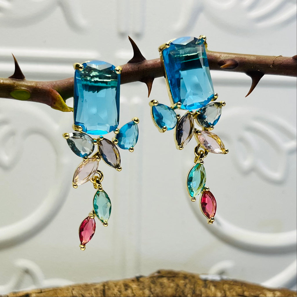 Gold Drop Down Colourful Crystal Earrings