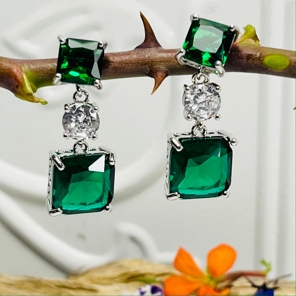 Silver Drop Down Emerald Green Crystal Earrings