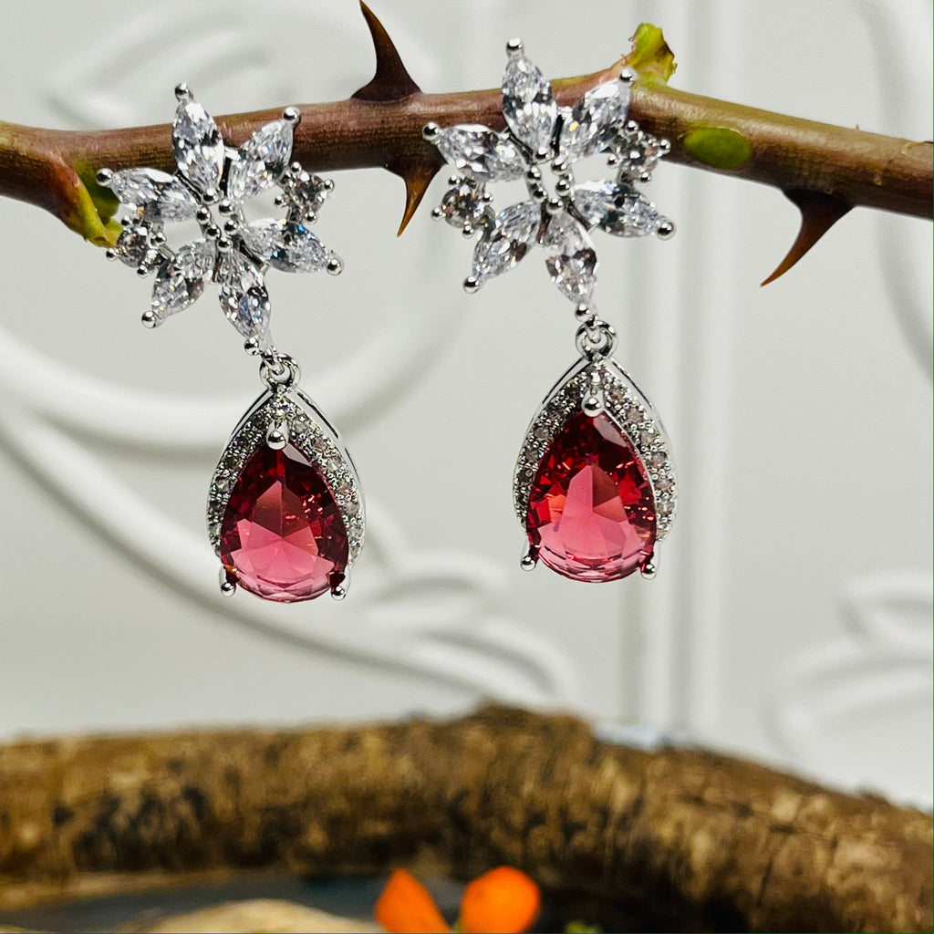 Silver Drop Down Pink & Clear Crystal Earrings