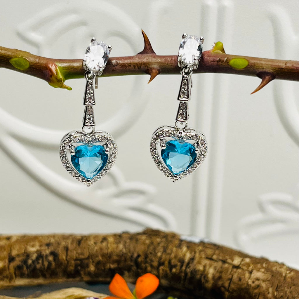 Silver Heart Drop Down Blue & Clear Crystal Earrings