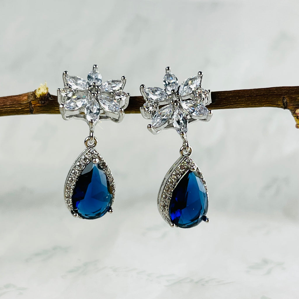 Silver Drop Down Royal Blue & Clear Crystal Earrings