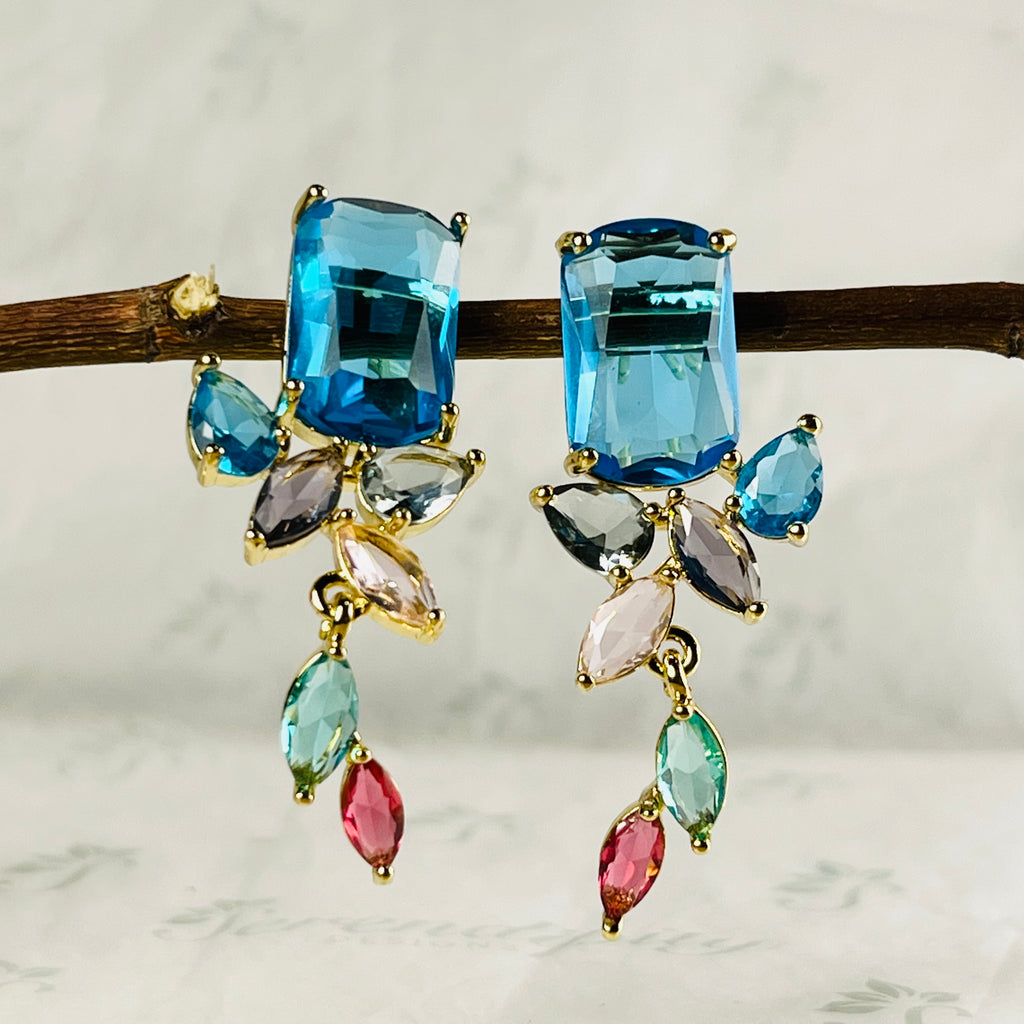Gold Drop Down Colourful Crystal Earrings