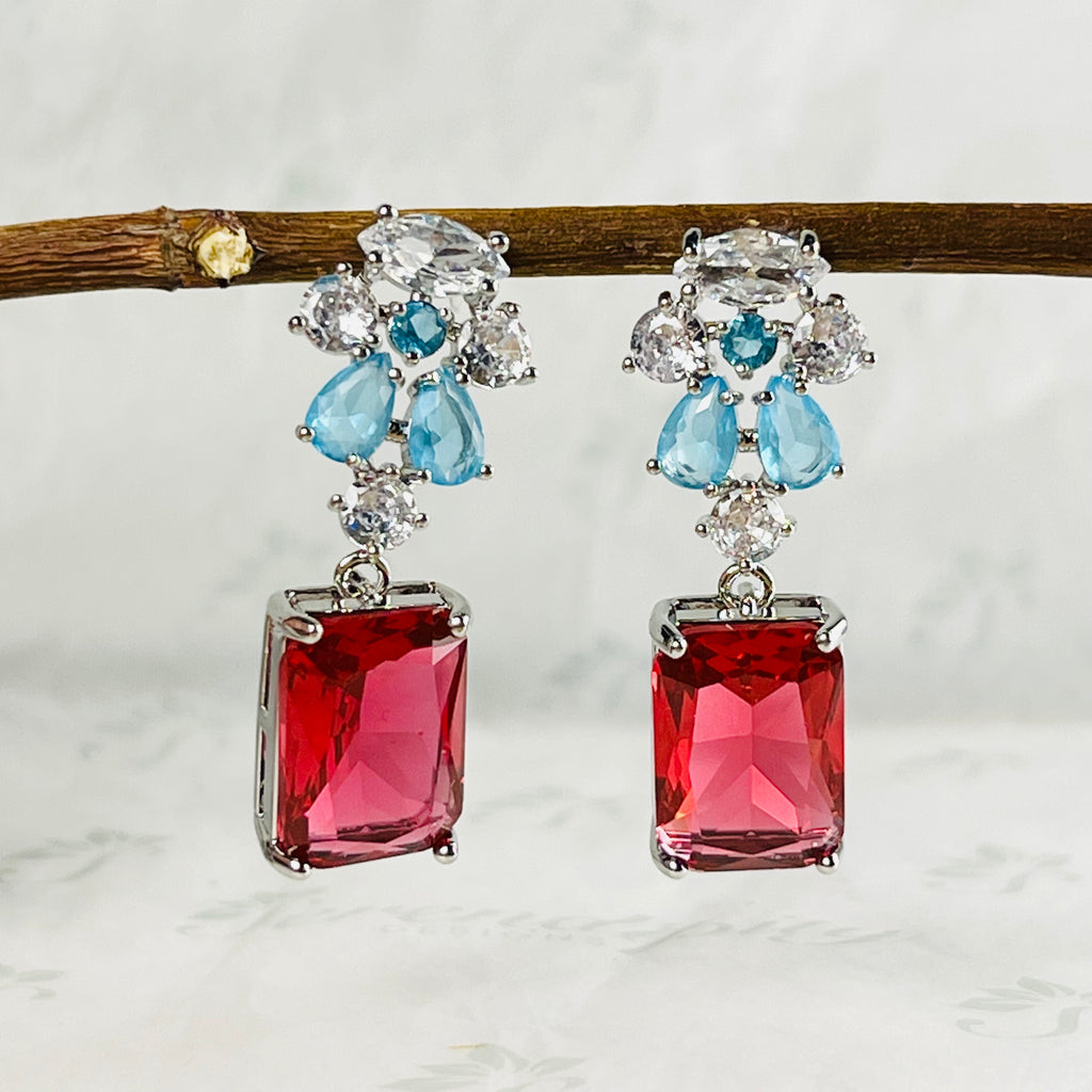 Silver Drop Down Colourful Crystal Earrings