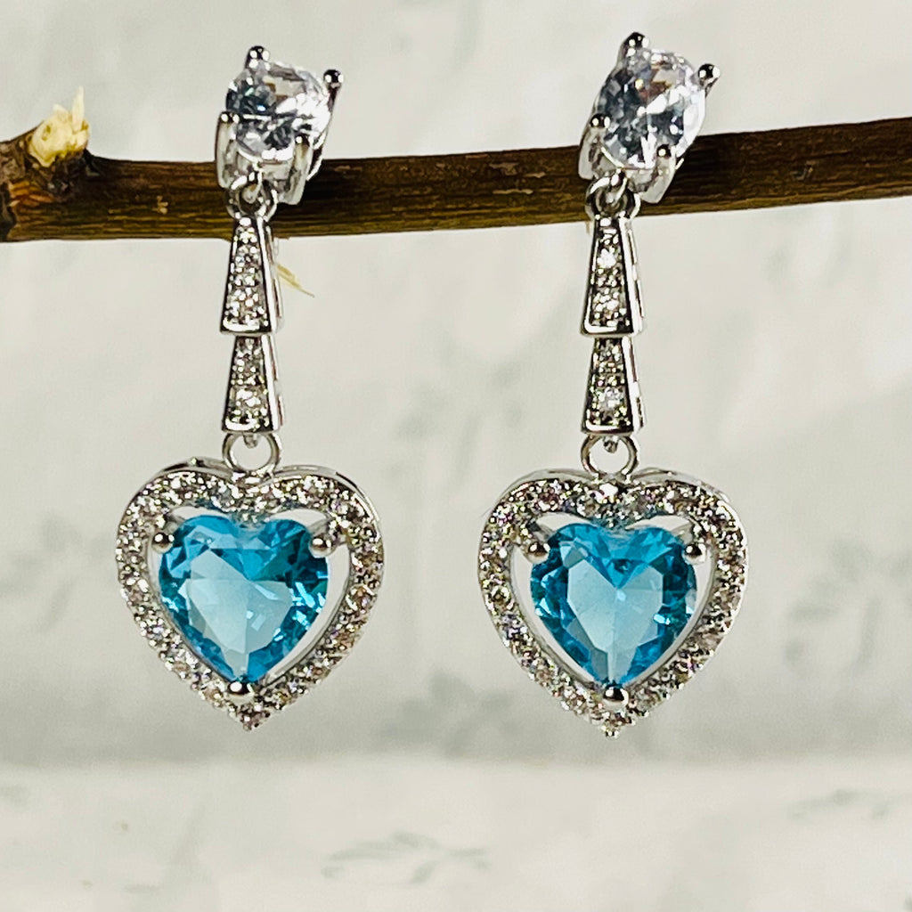 Silver Heart Drop Down Blue & Clear Crystal Earrings