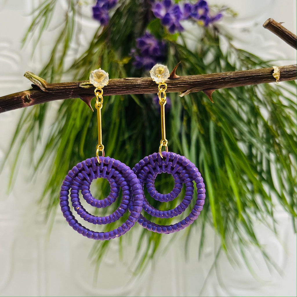Purple Coil Drop Gold Plated Earrings with Cubic Zirconia Studs.