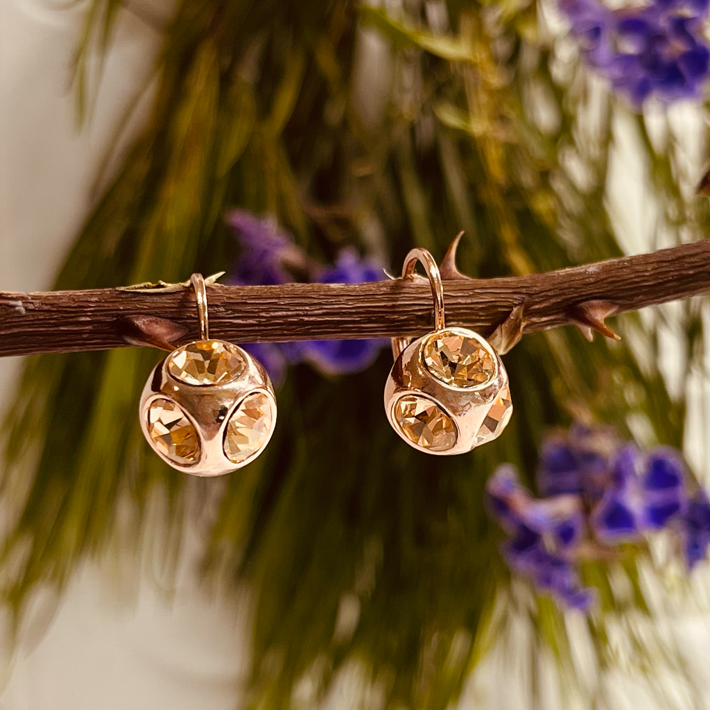 Rose Gold Ball & Champagne Crystal Earrings