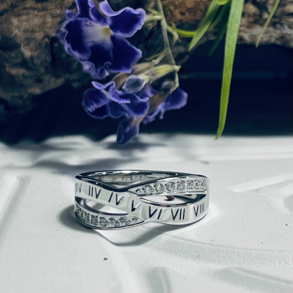 Stainless Steel Roman Numeral Cross Over Ring