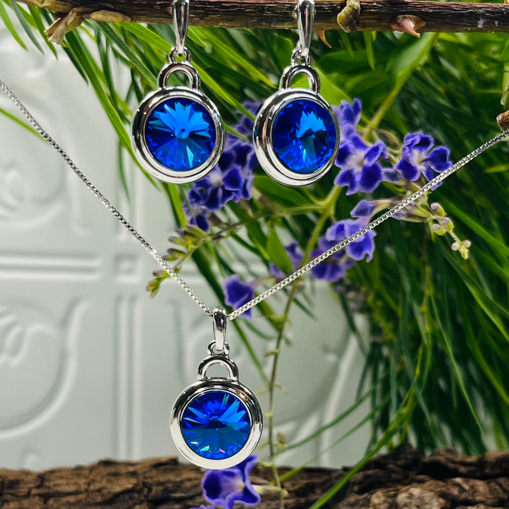 Silver Royal Blue Crystal Round Necklace & Earring Set