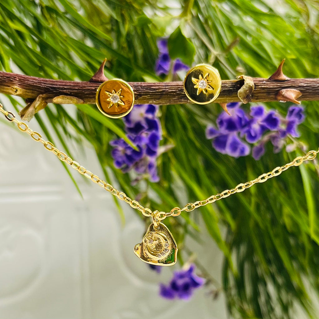 Gold Tiny Moon Pendant Necklace With Complimentary Earrings