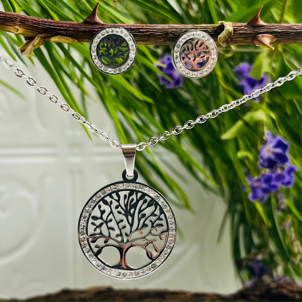 Cubic Zirconia Stainless Steel Tree of Life Set