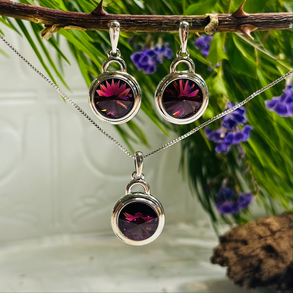 Silver Platinum Plated Purple Necklace & Earring Set