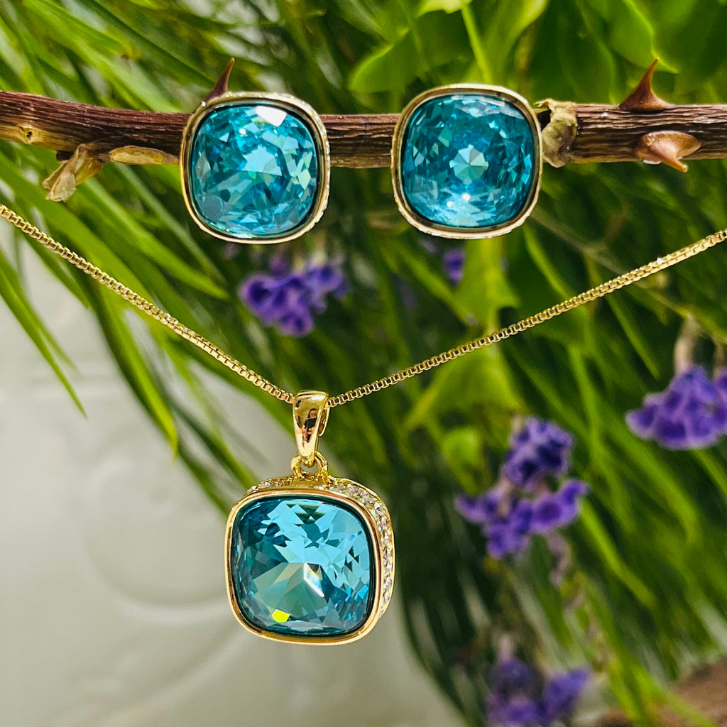 Gold Platinum Plated Aqua & Cubic Zirconia Necklace & Earring Set