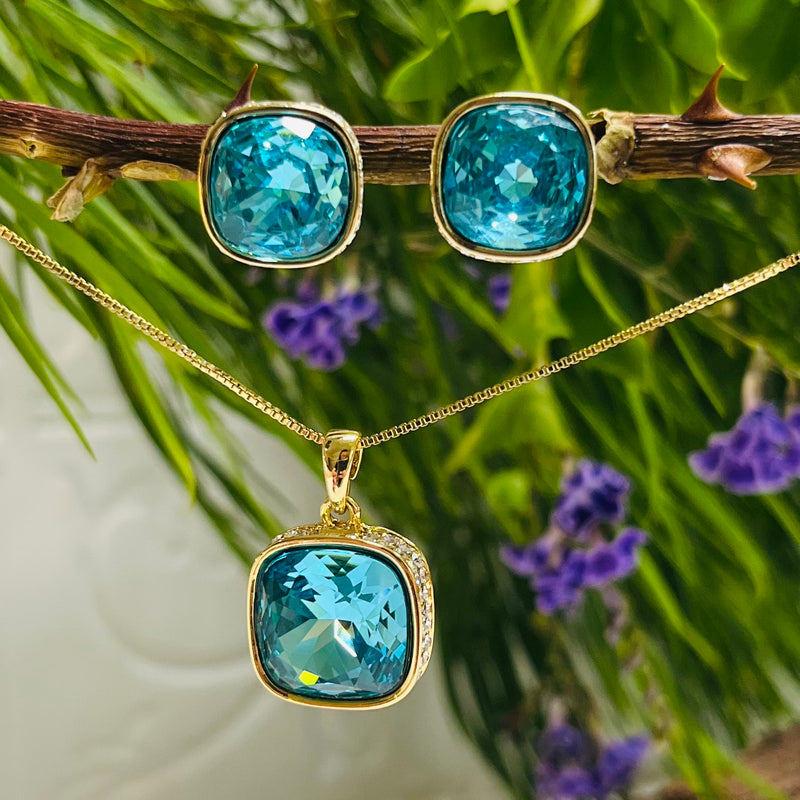 Gold Platinum Plated Aqua & Cubic Zirconia Necklace & Earring Set