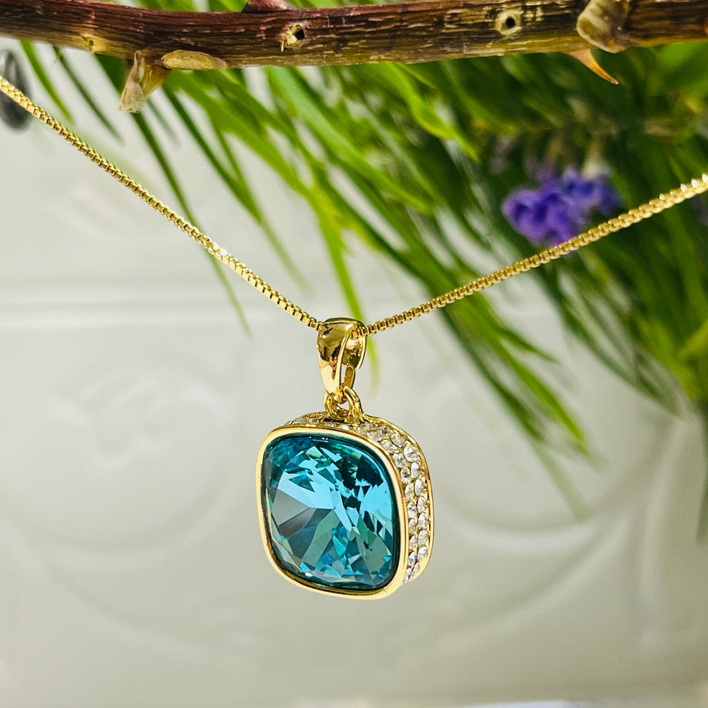 Gold Platinum Plated Aqua & Cubic Zirconia Necklace & Earring Set