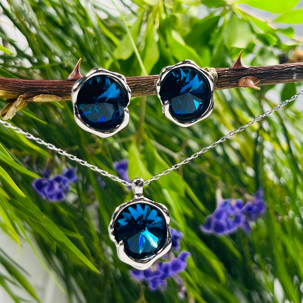 Silver & Dark Blue Earring & Necklace Set