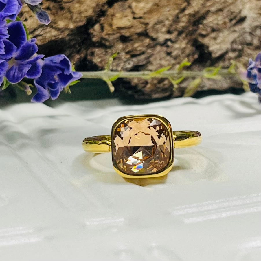 Gold Stainless Steel & Champagne Crystal Ring