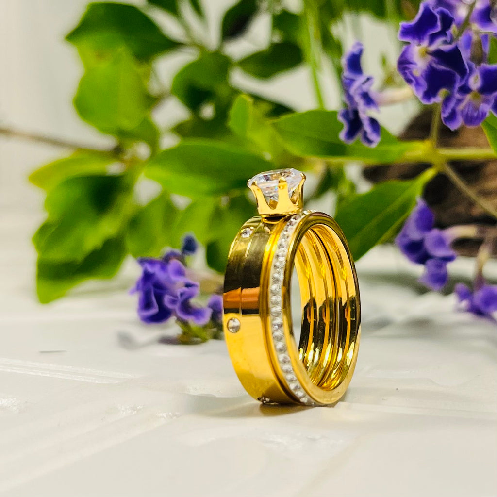 Stainless Steel & Gold Plated Diamantè Ring Trio