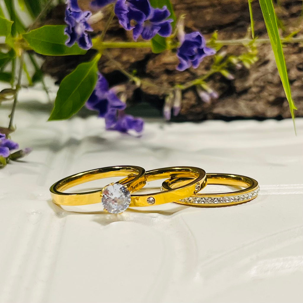 Stainless Steel & Gold Plated Diamantè Ring Trio