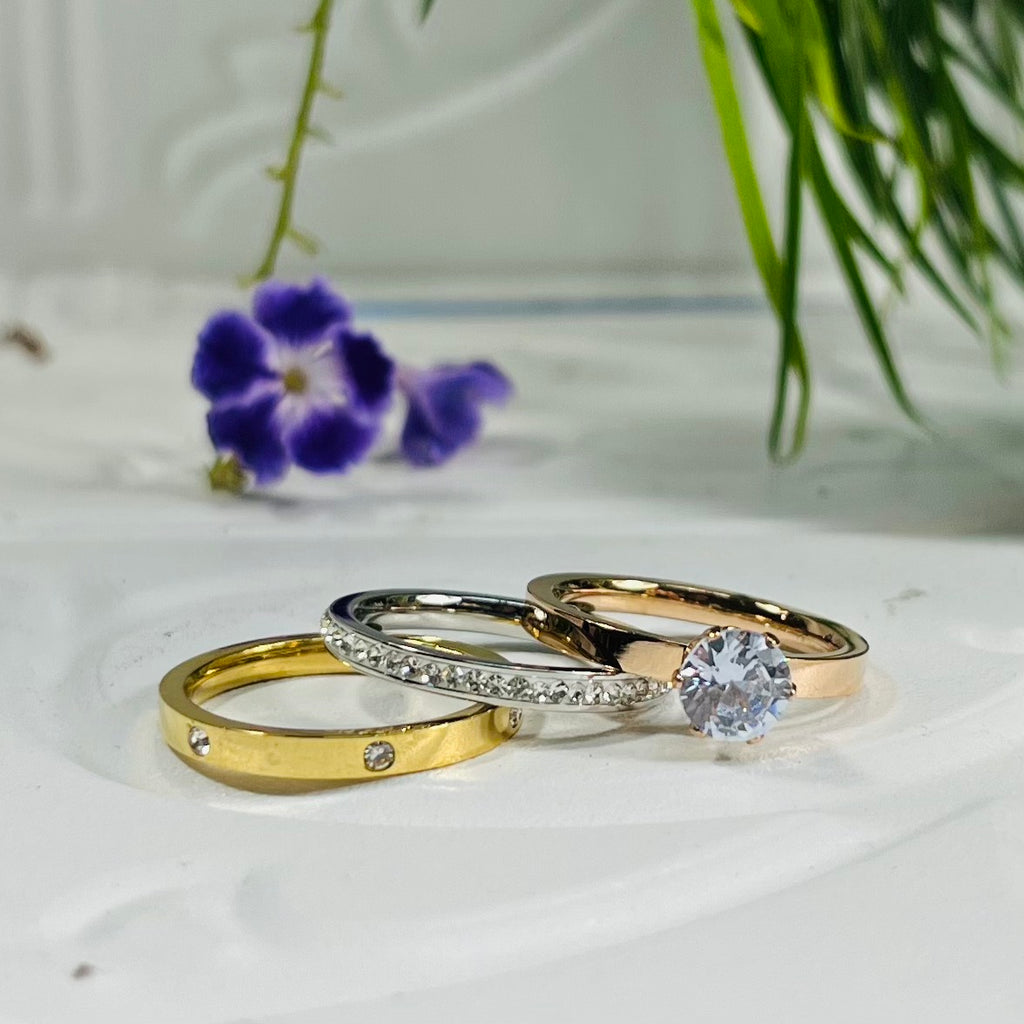 Stainless Steel & Gold Plated diamante Ring Trio
