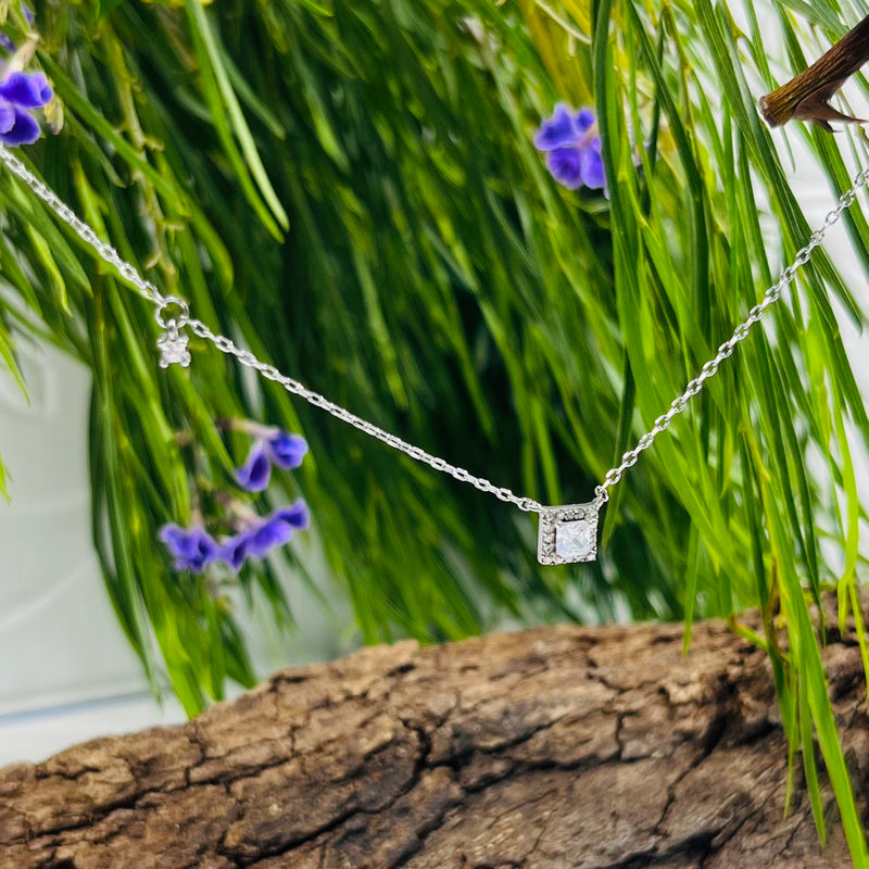 Sterling Silver Square Cubic Zirconia Pendant Necklace