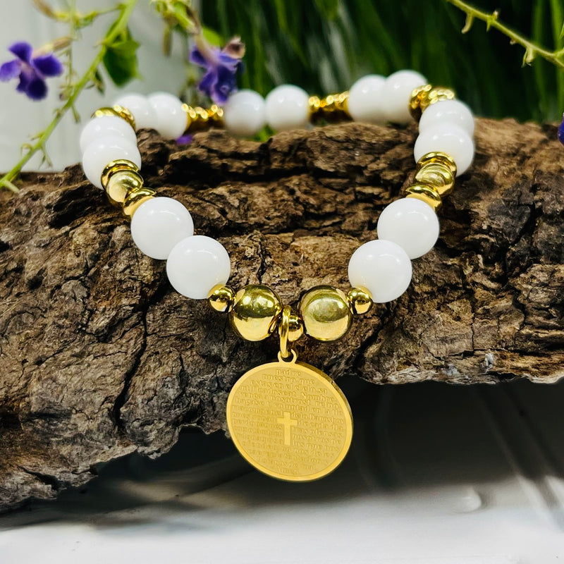 Gold Stretchy Beaded Bracelet With Charm