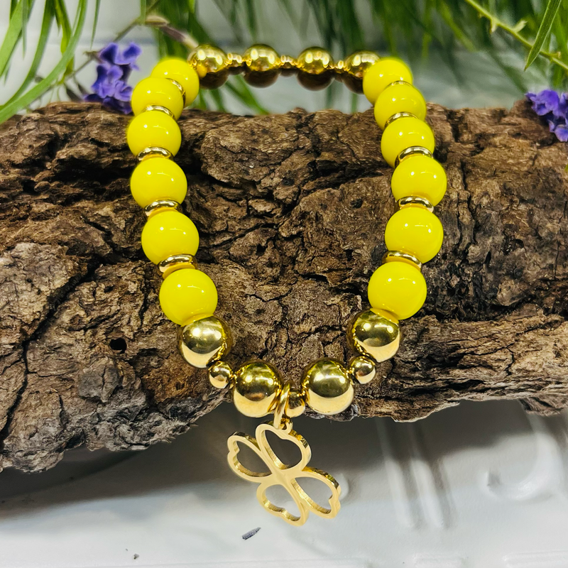Gold Stretchy Beaded Bracelet With Charm