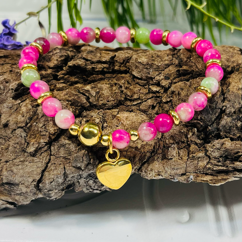Gold Stretchy Beaded Bracelet With Charm