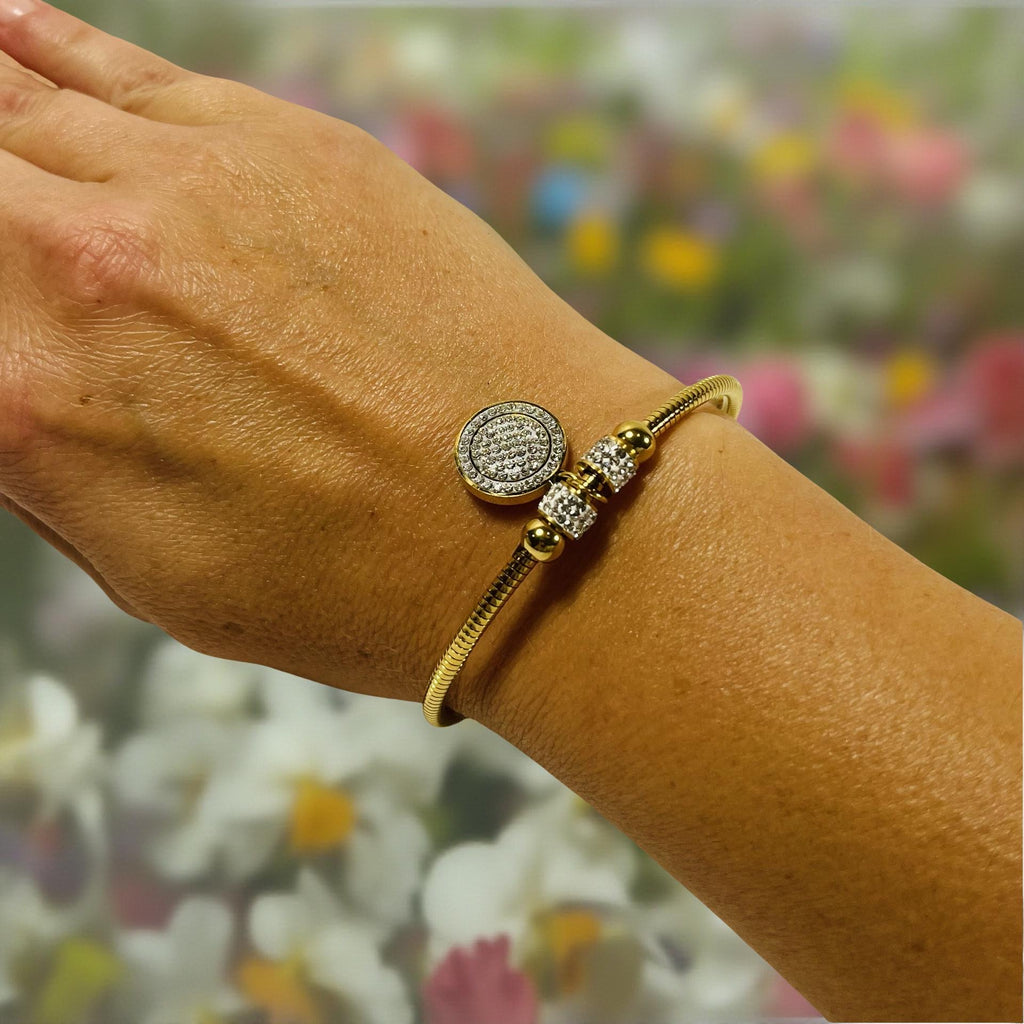 Stainless Steel Gold Bangle with Crystal Charm