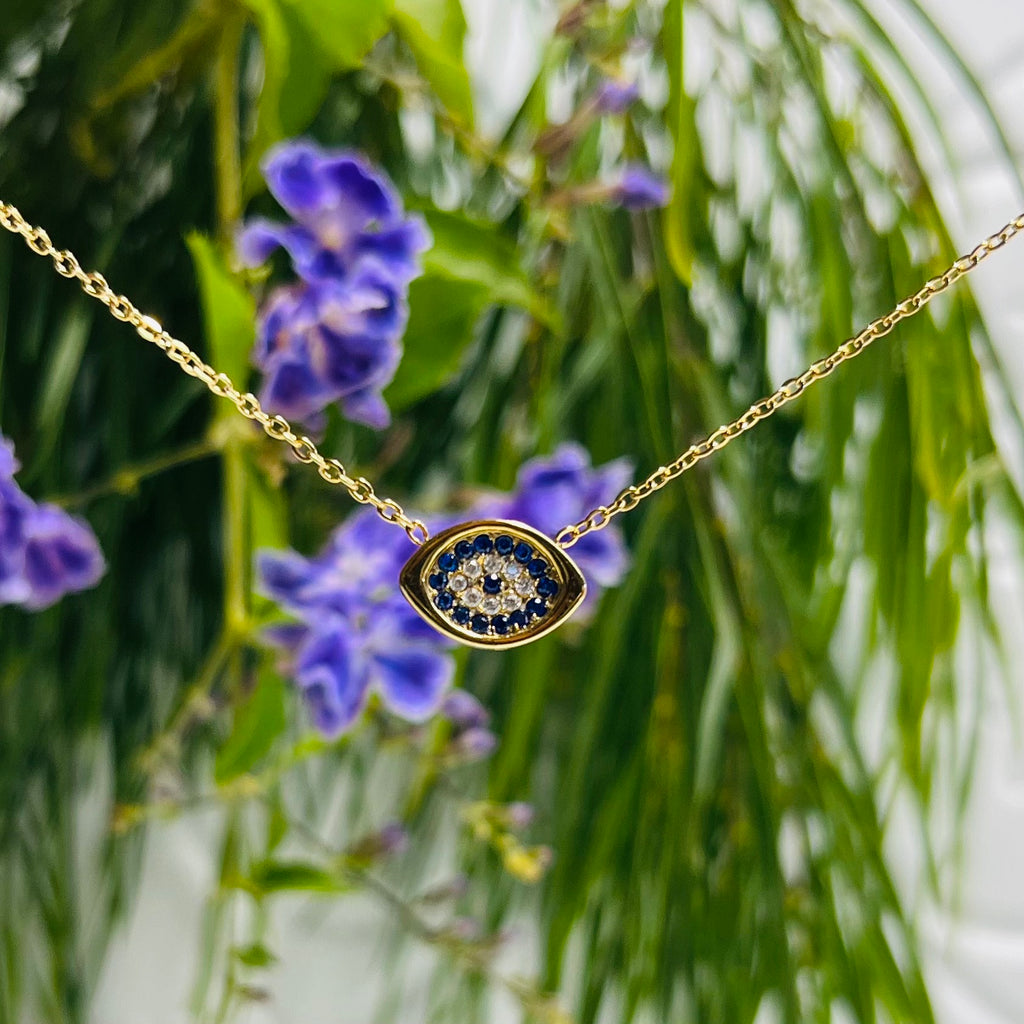 Gold Blue & Clear Crystal Eye Necklace