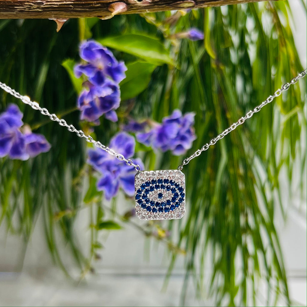 Silver Blue & Clear Crystal Eye Necklace