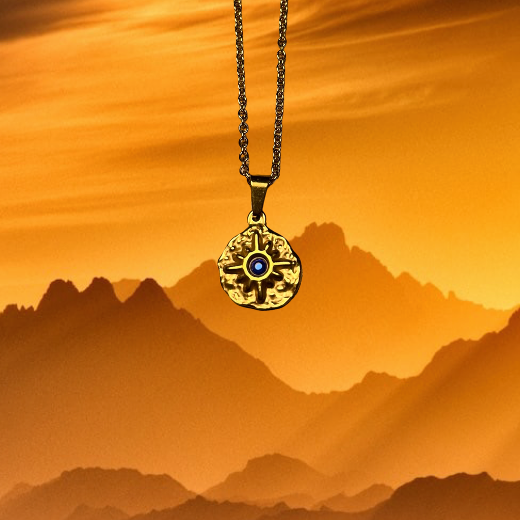 Gold Stainless Steel Sun & Blue Crystal Necklace