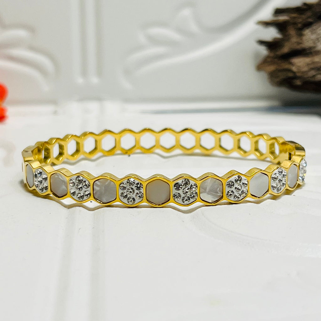 Gold Pearl look & Clear Crystal Hexagon Bangle