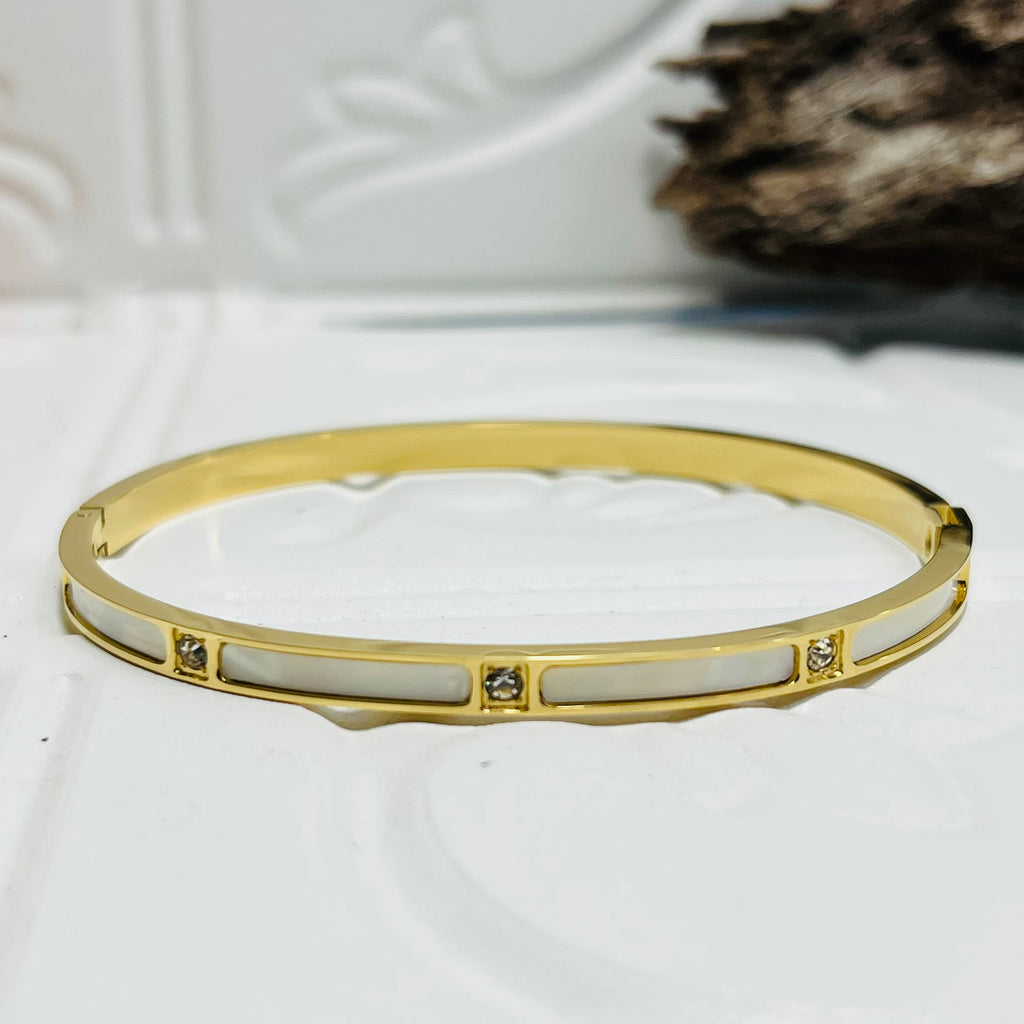 Gold Bangle With Pearl look & Clear Crystals
