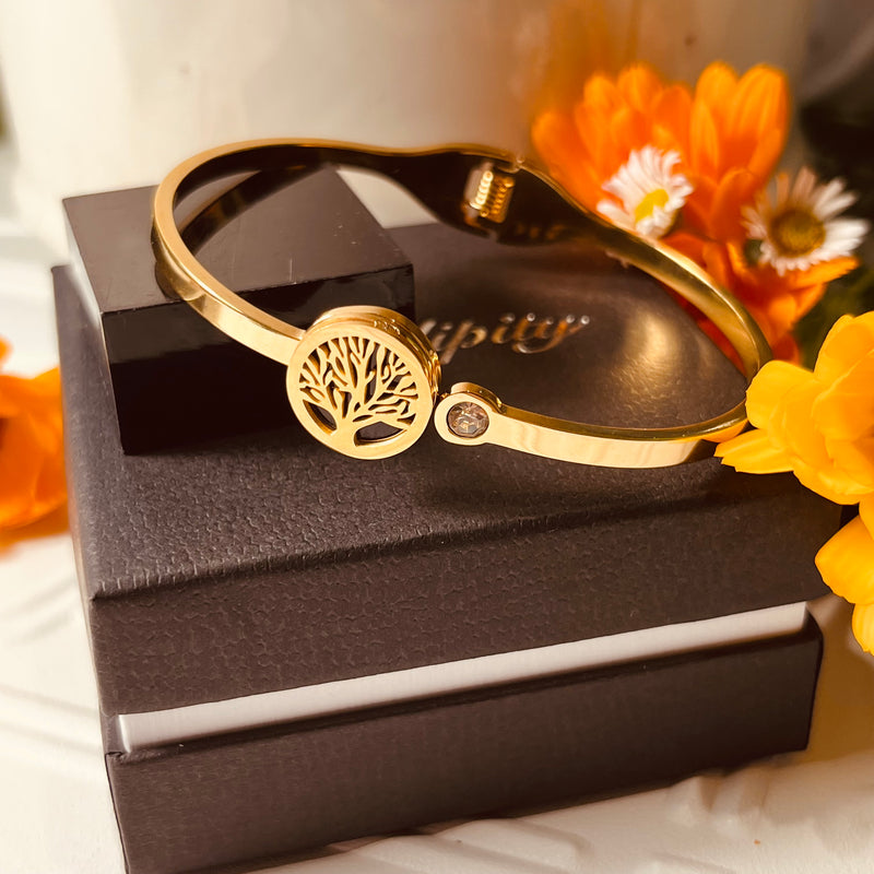 Gold Plated Bangle with Tree of Life & Cubic Zirconia
