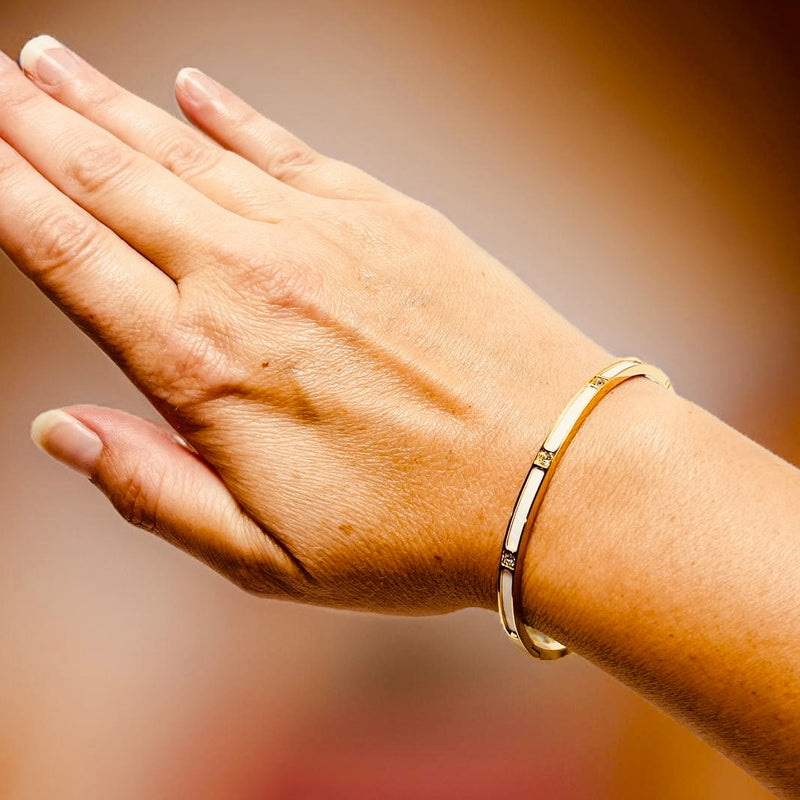 Gold Bangle With Pearl look & Clear Crystals