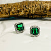 Silver Square Emerald Green Crystal Earrings