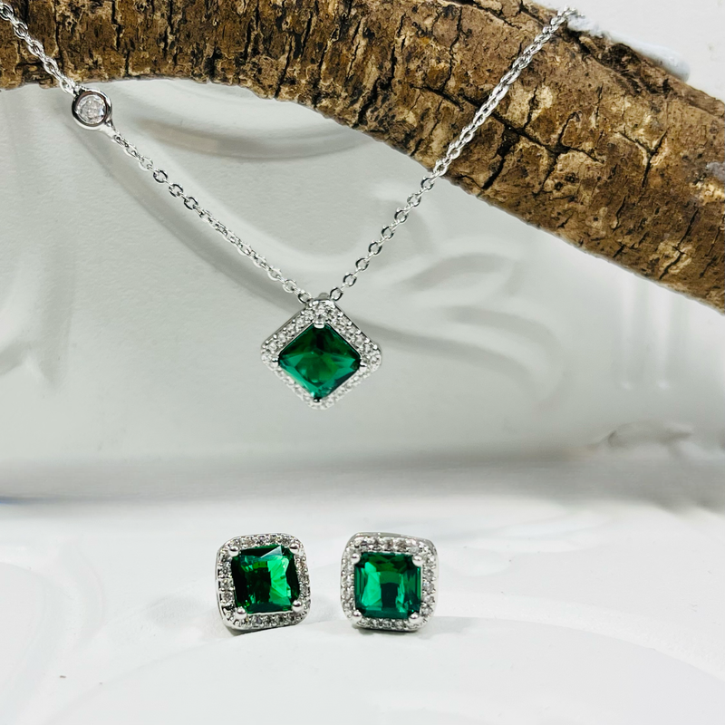 Silver Square Emerald Green Crystal Earrings