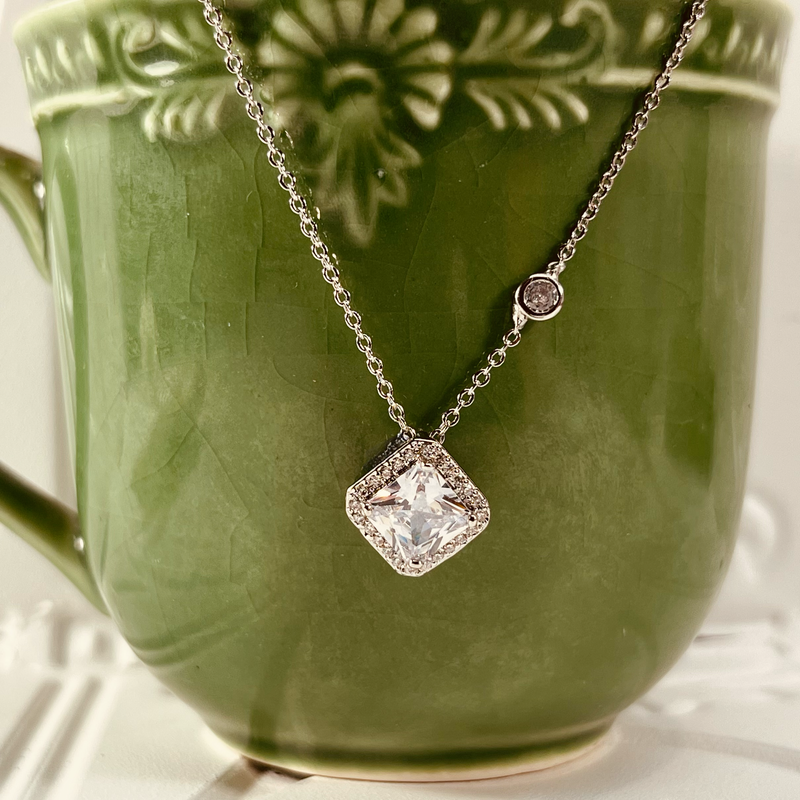 Silver Square Clear Crystal Necklace