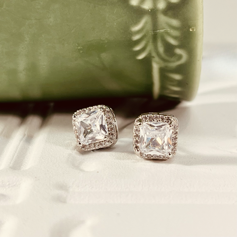 Silver Square Clear Crystal Earrings .