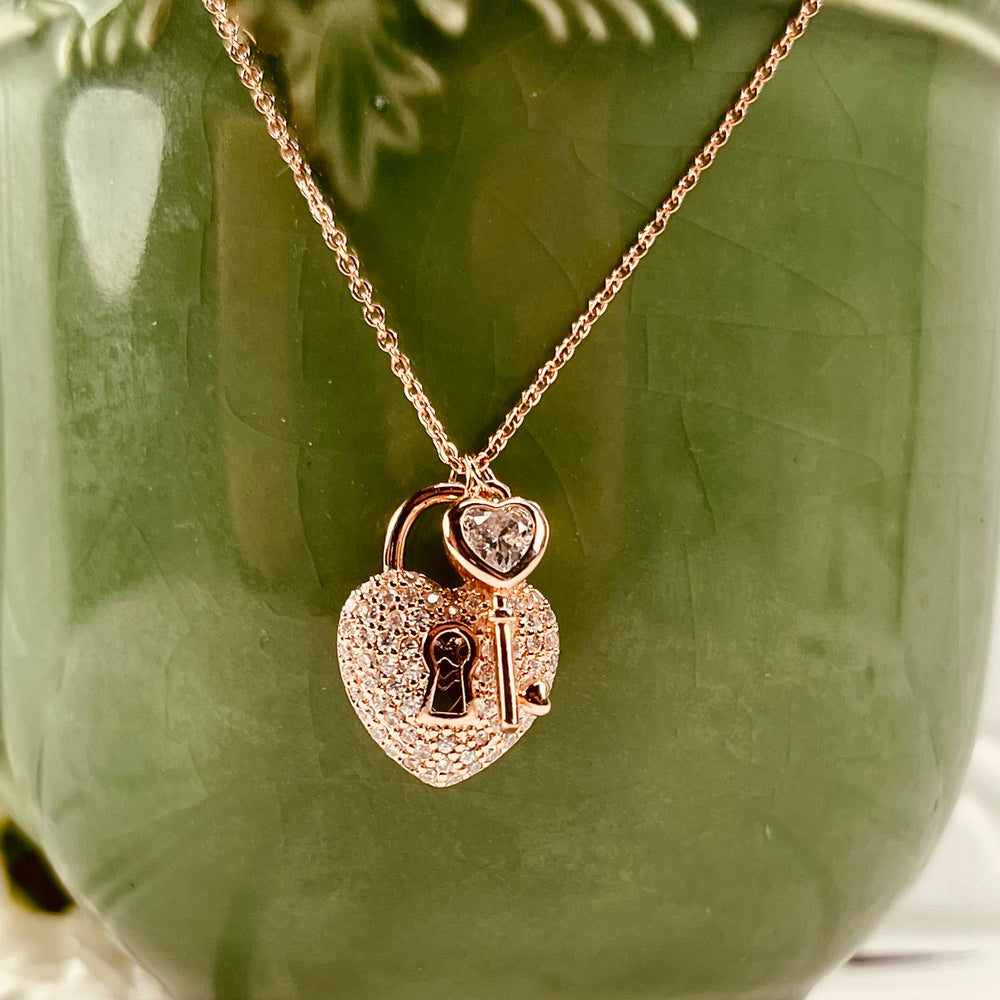 Rose Gold Heart Lock Key Necklace – Serendipity Designs