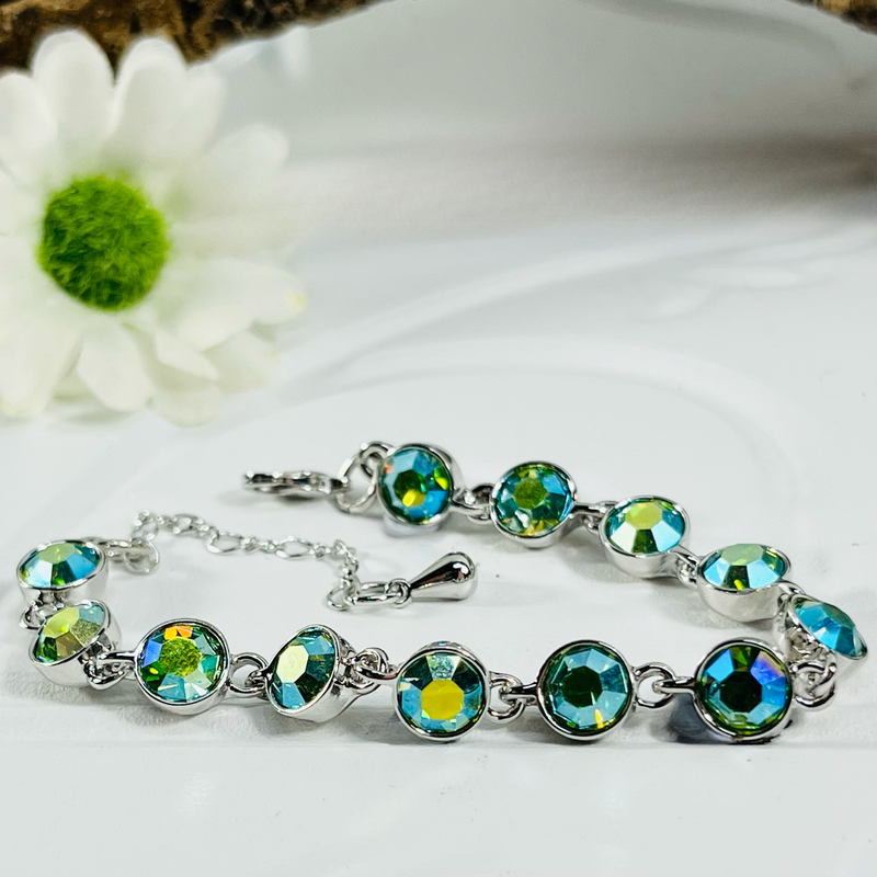 Silver Bracelet With Shimmering Green Crystals