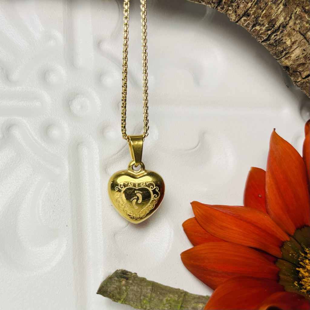Gold Stainless Steel Baby Feet Imprints Solid Heart Necklace
