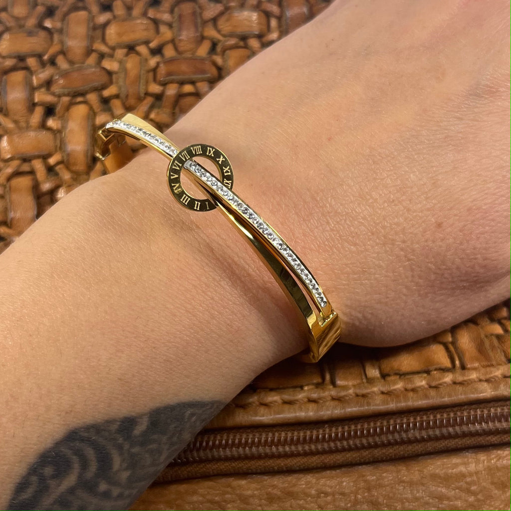 Gold Roman Numeral & Cubic Zirconia Bangle