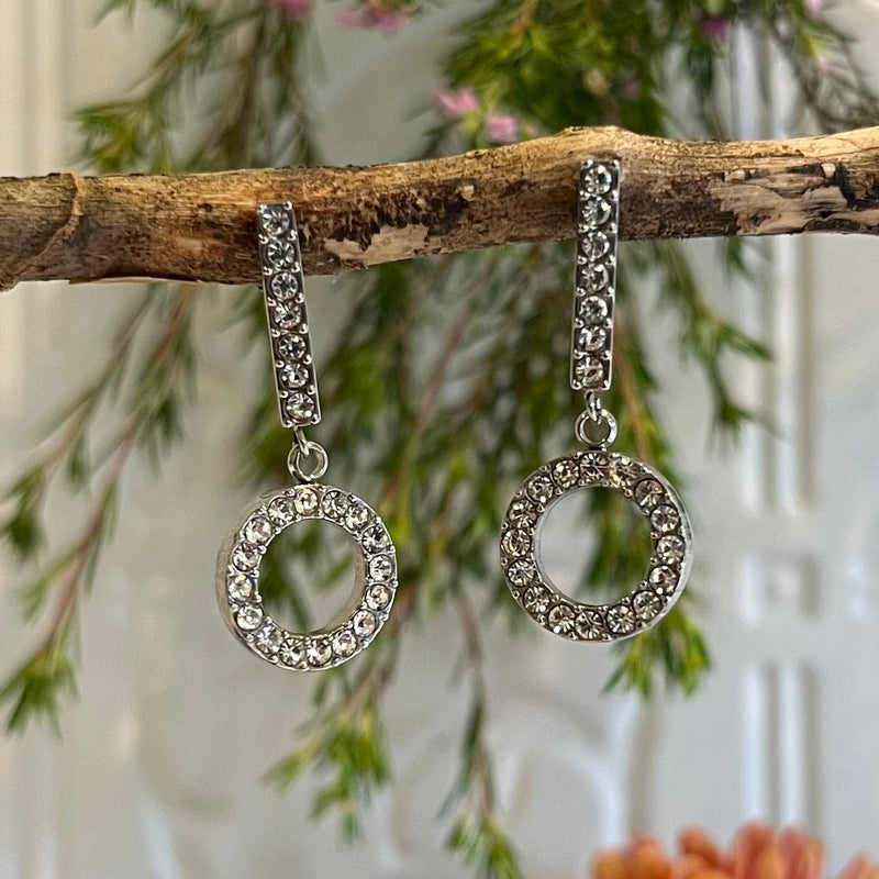 Silver Circle & Clear Crystal Drop Down Earrings