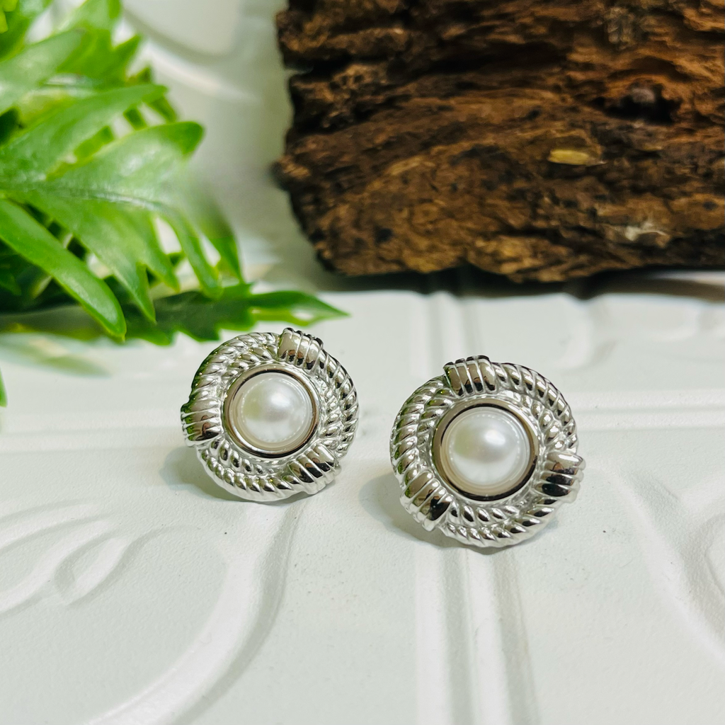 Silver Larger Stud Pearl Look Earrings